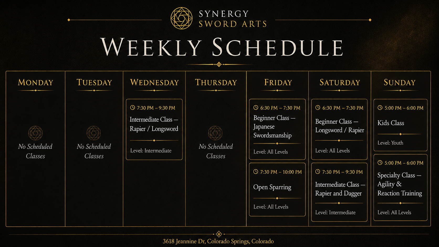 Weekly class schedule for Synergy Sword Arts